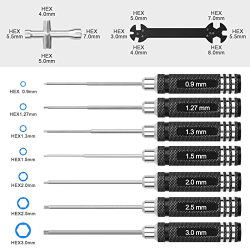 RC Hex Screwdriver Tool Set: 0.9mm 1.27mm 1.3mm 1.5mm 2.0mm 2.5mm 3.0mm Screwdriver Kit with Hex Nut Driver and RC Car Wrench Tool Kit for Multi-Axis FPV Racing Drone Quadcopter Helicopter