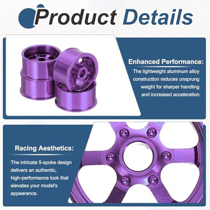 MECCANIXITY 4Pcs RC Car Wheel Rims, 20.5mm Dia 5-Spoke Purple Aluminum Alloy Wheel Rims Hex Hub for HSP RC Drift On-road Racing Touring Car - color: Purple