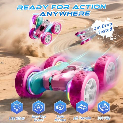 RC Car Pink 4WD Remote Control Car 360° Flip Double‑Sided LED Light Bar & Quick‑Swap USB‑C Modular Battery, 2.4 GHz No‑Interference Popular Outdoor Beach Toy, Popular Gift for Girls Ages 6‑12 - color: Pink