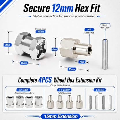 4PCS 12mm Hex Hub 15mm Aluminum Extension Hex for Axial SCX10 D90 90046 | 15mm CNC Wheel Hex Extenders for 1/10 RC Crawlers Redcat Gen7/Gen8 CC01 RC4WD Wider Stance & Tire Clearance with M4 Nuts Pins - color: Sliver