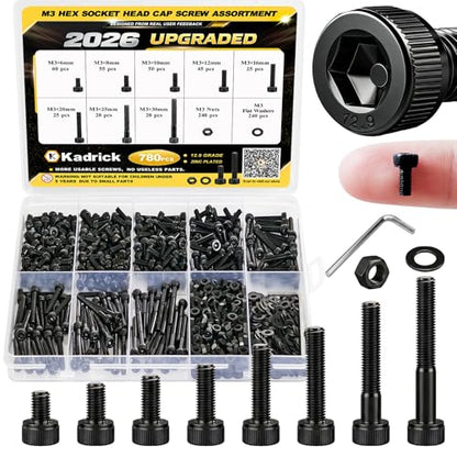 Kadrick M3 Screws Kit 780PCS, Optimized Hex Socket Head Cap Screws Assortment with More Screws & Smarter Size Distribution, Class 12.9 Alloy Steel, Black Zinc Plated M3 Bolts for 3D Printing & DIY - size: M3 780Pcs New