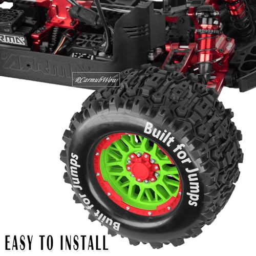 1/8 1/10 17mm Hex RC Truck Tires,Wheels and Tires for 1/10 E-Revo T-Maxx Summit,1/8 Kraton Outcast 6S,Sledge,Buggy Rubber Tyres and Rims w/Foam Insert for RC Off-Road Car,Green-Red - color: Green&red(4pcs)