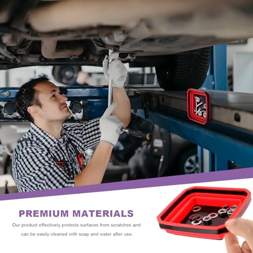 Collapsible Magnetic Parts Tray, 4.5" Square Silicone Metal Parts Organizer Double-Sided Magnet Bowl, Foldable Magnetic Tool Trays for Screws Bolts Nuts Washers Pins (Red) - color: Red