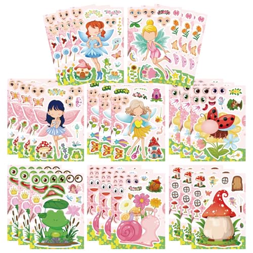 24 PCS Fairy Stickers for Kids, Make a Face Sticker, Make Your Own Stickers | with 8 Unique Designs Fairy, Frog, Mushroom, Birthday Party Favors for Girls , Goodie Bags, DIY Crafts - style: Fairy