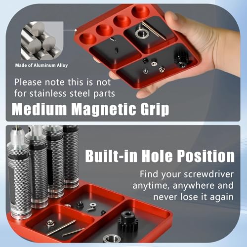 Magnet Tool Tray Aluminum Alloy Screw Tray with Tool Holder RC Parts Fixing for 1/10 RC Cars, Drones, Phone, Computer, Eyeglass, Electronic Multi-Compartment Anti-Loss Organizer Storage Box (Red - color: Red