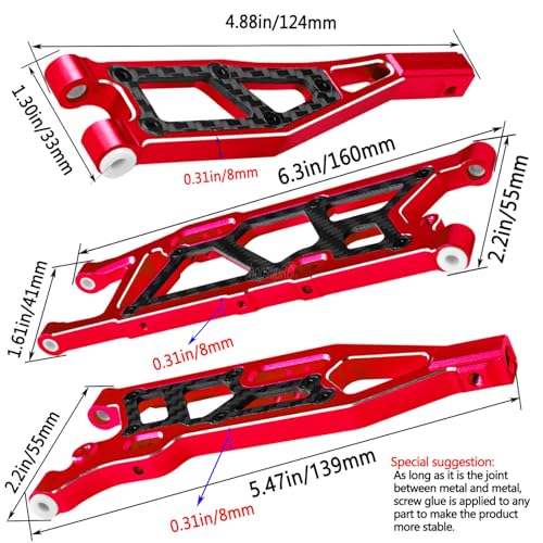 RC Carbon Fibre Suspension Arms Upgrades Part for 1/8 Kraton,Outcast,Notorious 6S BLX,Talion 6S BLX,Front Upper Lower and Rear Swing Arm Set with Pivot Balls Hops up,Red(6PCS)
