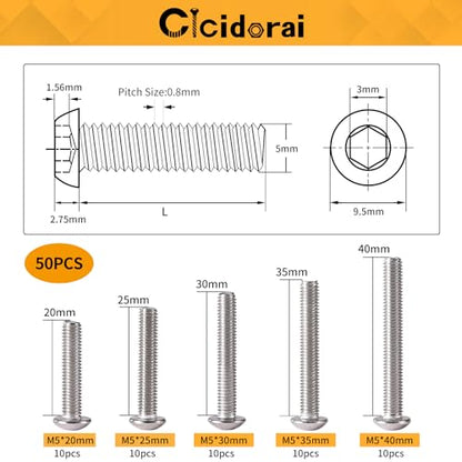 M5 x 20mm 25mm 30mm 35mm 40mm Button Head Socket Cap Screws Bolts, Stainless Steel 304, Metric Allen Hex Drive, Fully Threaded, Bright Finish, 50PCS - size: Button Head M5x20/25/30/35/40mm