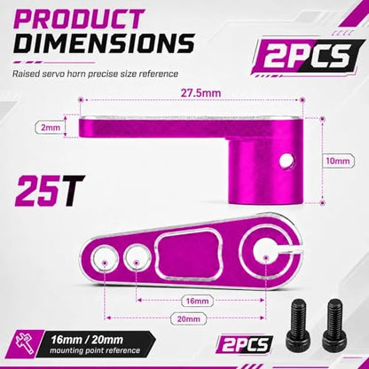 2PCS 25T Aluminum Raised Servo Horn for Futaba Savox Power HD 1/8 1/10 RC | CNC Servo Arm With M3 Threaded 16mm 20mm Holes for RC Off-Road Crawler Drift Racing Car Steering Linkage Clearance Upgrade - color: Pink