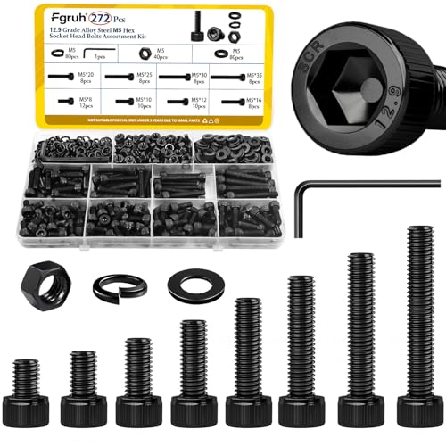 272PCS M5 Screws, Nuts and Washers Assortment kit, M5x8/10/12/16/20/25/30/35 mm Hex Socket Head Cap Bolts Assorted Set - 12.9 Alloy Steel, Black Zinc Plated Anti-Rust - size: M5 272pcs