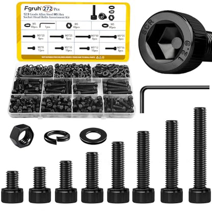 272PCS M5 Screws, Nuts and Washers Assortment kit, M5x8/10/12/16/20/25/30/35 mm Hex Socket Head Cap Bolts Assorted Set - 12.9 Alloy Steel, Black Zinc Plated Anti-Rust - size: M5 272pcs