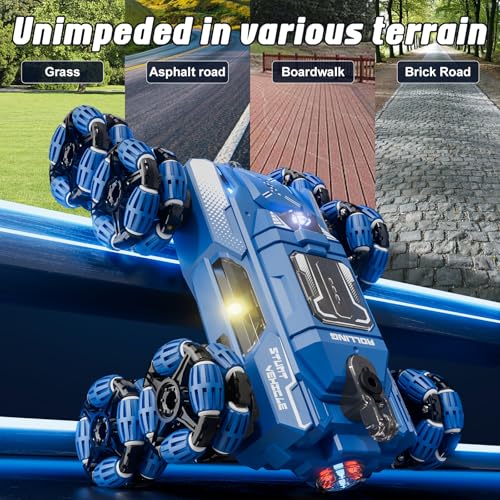 Cool 8-Wheel Gesture RC Stunt Car, 2.4GHz Climbing Toy for Ages 6-14 | 8-Wheel Double-Sided Climbing Vehicle, Gesture & Remote Dual Control, Built-in Lights and Music, Transformable Drift RC Car - color: Blue