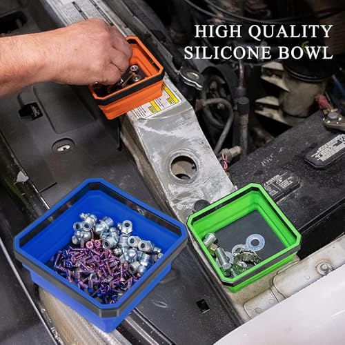 Collapsible Magnetic Parts Tray, 4.5" Square Silicone Tool Tray with Dual-Sided Magnetic Base, Foldable Small Metal Parts Organizer Storage Bowl for Screws Bolts Nuts Washers (Blue) - color: Blue