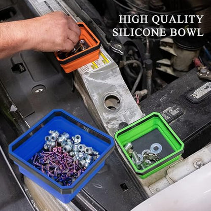 Collapsible Magnetic Parts Tray, 4.5" Square Silicone Tool Tray with Dual-Sided Magnetic Base, Foldable Small Metal Parts Organizer Storage Bowl for Screws Bolts Nuts Washers (Blue) - color: Blue
