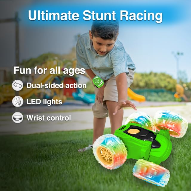 Contixo SC3A Toy Remote Control Car for Kids with Double-Sided 360° Rotating Stunt, 4WD Off-Road RC Cars with LED Lights, Birthday for Boys and Girls Ages 4 5 6 7 - Green - color: Green