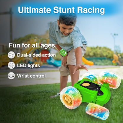 Contixo SC3A Toy Remote Control Car for Kids with Double-Sided 360° Rotating Stunt, 4WD Off-Road RC Cars with LED Lights, Birthday for Boys and Girls Ages 4 5 6 7 - Green - color: Green