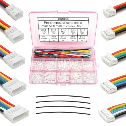 ZH 1.5MM Male Female Connectors and 28AWG Pre-Crimped Silicone Cables kit, ZH1.5 Connector Socket 2/3/4/5/6 Pin Housing JST Adapter Cable Connector with Length of 160mm (6.3inch) Wire Cable