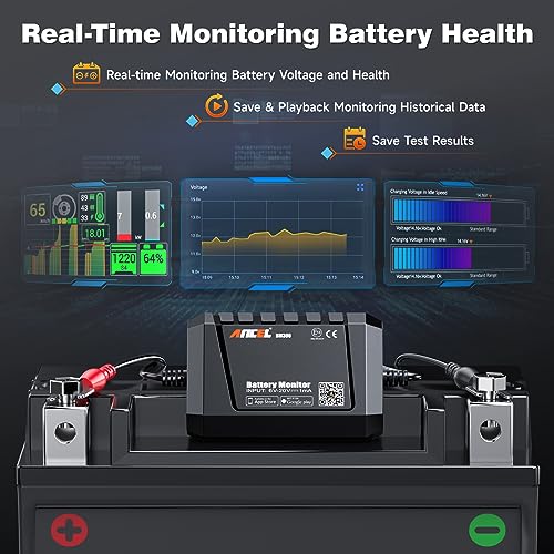 ANCEL BM300 12V Battery Monitor, Bluetooth 4.0 Automotive Voltmeter with Charging, Cranking System Test & Alarm - Compatible for Solar Power Systems, RVs, Motorcycles, Boats, Cars, and Trucks - color: Black