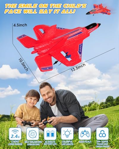 ANTSIR F22 RC Airplane for Kids Boys Adults Beginners Easy to Fly Toy Gift | Gyro Stabilizer, LED Lights, 2.4GHz 2 Channel, 2 Batteries EPP Foam RC Glider, 2.4GHz Remote Control Fighter Jet - color: Red F22-2 Batteries Kf