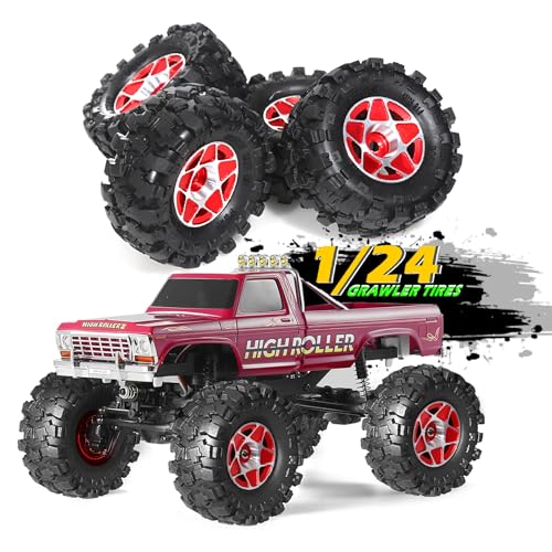 REDSPIDER 1.0 Beadlock Wheels and Tires Set（4pcs） 1.0 Crawler Tires 57 * 25mm Aluminum Alloy 1.0 Wheel 1/18 1/24 RC Crawler Tires for SCX24 TRX4M FMS FCX24 FCX18 AX24 (Red) - color: Red