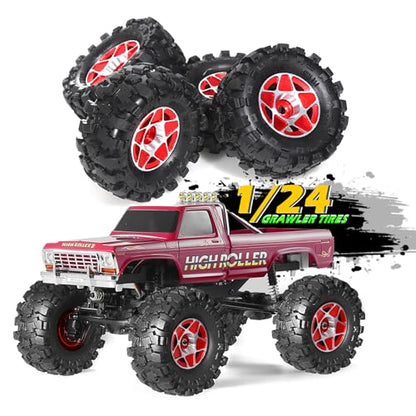 REDSPIDER 1.0 Beadlock Wheels and Tires Set（4pcs） 1.0 Crawler Tires 57 * 25mm Aluminum Alloy 1.0 Wheel 1/18 1/24 RC Crawler Tires for SCX24 TRX4M FMS FCX24 FCX18 AX24 (Red) - color: Red
