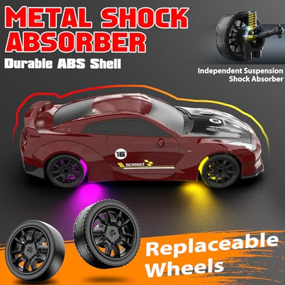 1/43 RC Drift Car, Mini Drifting RC Car with Gyro 2.4GHz Full Proportional Drift Cars 4WD RTR Remote Control Cars with Colorful Lights High Speed Fast Racing Vehicle Gift for Kids Boys Adults - color: Red+bk