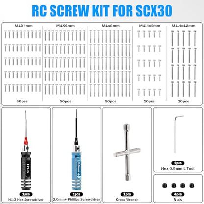 190pcs RC Screw Kit, M1/M1.4 Screws Assortment Set with Phillips Screwdriver Hex Driver RC Car Tools for Axial SCX30 RC Crawler Cars Trucks, with Organizer Storage Case