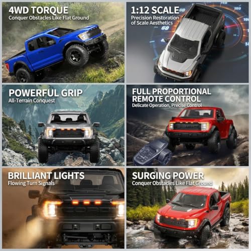 1/12 F150 RC Car 4WD Off Road Pickup, Full Proportional 2.4GHz RTR Truck with Independent Suspension, LED Lights, Long Range Remote Control(Camouflage Green/3 Battery)