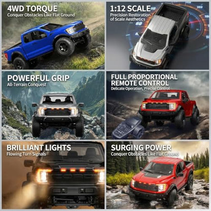 1/12 F150 RC Car 4WD Off Road Pickup, Full Proportional 2.4GHz RTR Truck with Independent Suspension, LED Lights, Long Range Remote Control(Camouflage Green/3 Battery)
