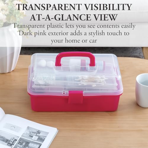 MyGift 13-Inch Dark Pink Plastic Craft Organizer and Storage Box – Clear Carrying Case with Latching Lid & 2 Expandable Trays for Sewing, Tools, First Aid, and Art Supplies - color: Fuscia
