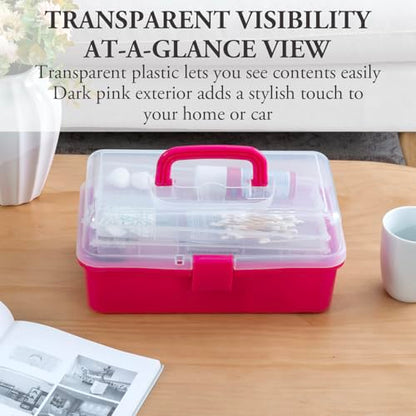 MyGift 13-Inch Dark Pink Plastic Craft Organizer and Storage Box – Clear Carrying Case with Latching Lid & 2 Expandable Trays for Sewing, Tools, First Aid, and Art Supplies - color: Fuscia