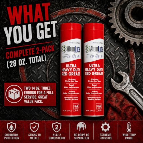 AtomLube Ultra Heavy Duty Red Grease, 2-Pack of 14 oz Tubes | High Temp Waterproof NLGI# 2 Lithium Wheel Bearing Grease for Trucking, Automotive, Trailers, & Agricultral Equipment - size: 2-Pack