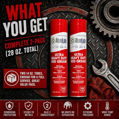 AtomLube Ultra Heavy Duty Red Grease, 2-Pack of 14 oz Tubes | High Temp Waterproof NLGI# 2 Lithium Wheel Bearing Grease for Trucking, Automotive, Trailers, & Agricultral Equipment - size: 2-Pack