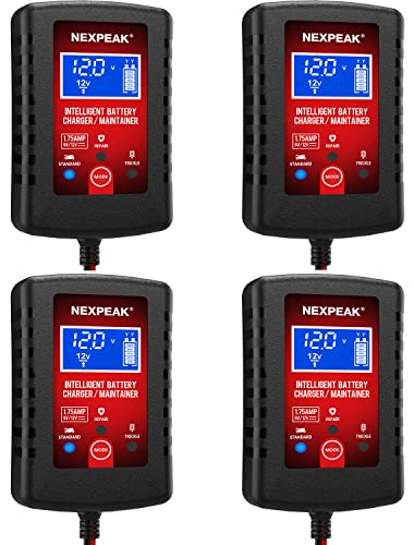4-Pack 1.75A Car Battery Charger, 6V &12V Smart Battery Trickle Charger | Fully automatic 6V/12V Battery Charger, LCD screen monitors real-time status, Multi-protection for cars, boats, motorcycles