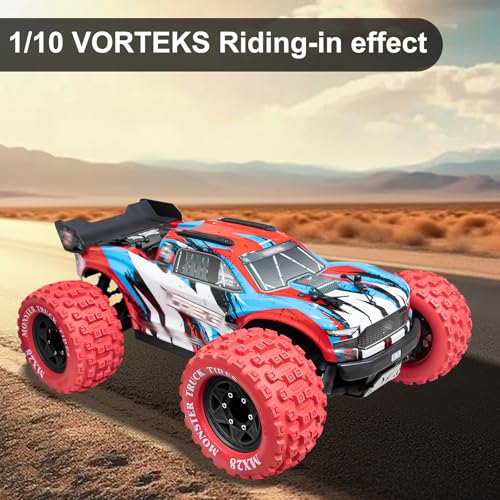 LRFHL MX28 F/R 2.8" RC Monster Truck Tires and Wheels 4PCS, Red | 12mm/14mm Hex Adapter, 1/10 RC Monster Truck, Compatible with Traxxas Stampede Rustler Redcat Arrma Vorteks Big Rock Granite - color: Red Tires+ Black Hex Wheel-1