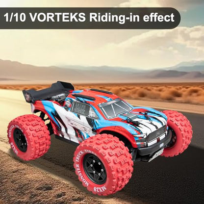 LRFHL MX28 F/R 2.8" RC Monster Truck Tires and Wheels 4PCS, Red | 12mm/14mm Hex Adapter, 1/10 RC Monster Truck, Compatible with Traxxas Stampede Rustler Redcat Arrma Vorteks Big Rock Granite - color: Red Tires+ Black Hex Wheel-1