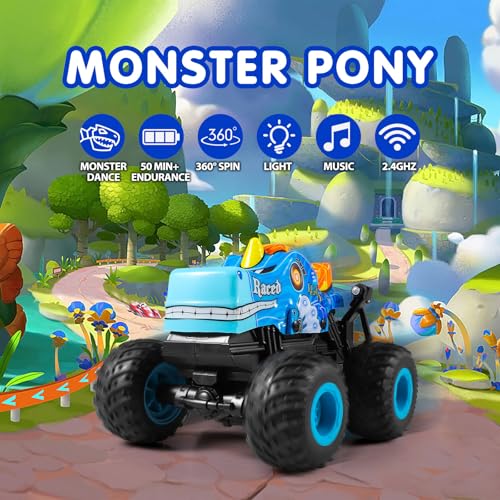 DYODYORC Remote Control Car, 2.4Ghz All Terrain Monster Truck, RC Truck with Music, 3 Lighting Effects, 360 Stunt Capable, 2 Batteries Ready to Run, Toy Gifts for Boys and Girls (Blue) - color: Blue Pony