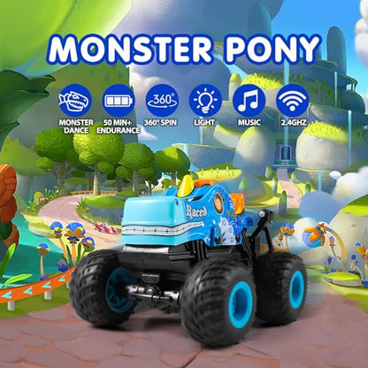 DYODYORC Remote Control Car, 2.4Ghz All Terrain Monster Truck, RC Truck with Music, 3 Lighting Effects, 360 Stunt Capable, 2 Batteries Ready to Run, Toy Gifts for Boys and Girls (Blue) - color: Blue Pony
