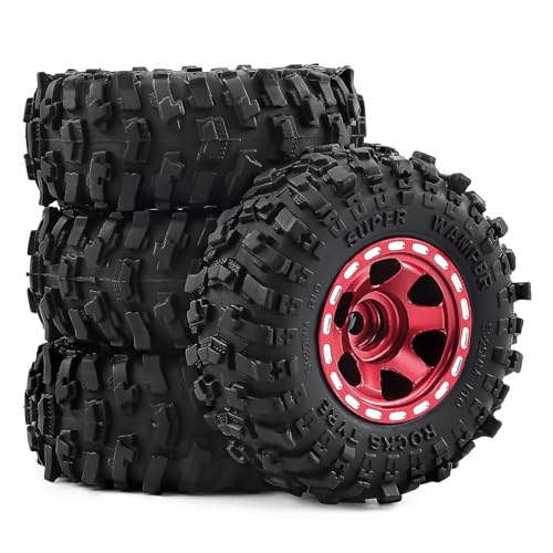 1.0" Beadlock Aluminum Wheels and 51mm Soft Rubber Tires | for SCX24, TRX4M, Ascent 18, FCX24, 1/18 1/24 RC Crawler, 7mm Hex, 0mm Offset, with Foam Inserts, (Red 101) - color: Red 101
