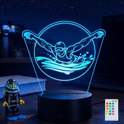 Swimming Night Light, Swimmer Gifts, 3D Illusion Lamp with Remote Control, 16 RGB Colors, 4 Flashing Modes, Timer, Dimmable, Swimming Stuff Accessories Decor for Holiday Birthday Christmas - color: Swimming
