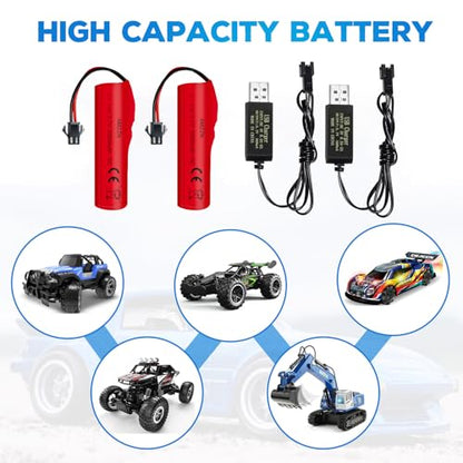 2PCS 3.7V 3000mAh Li-ion Battery with SM-2P Plug and USB Charging Cable for DE42 DE44 DE45 DE68 RC Car,Drifting Car Truck Toy Off-Road Racing Car Battery
