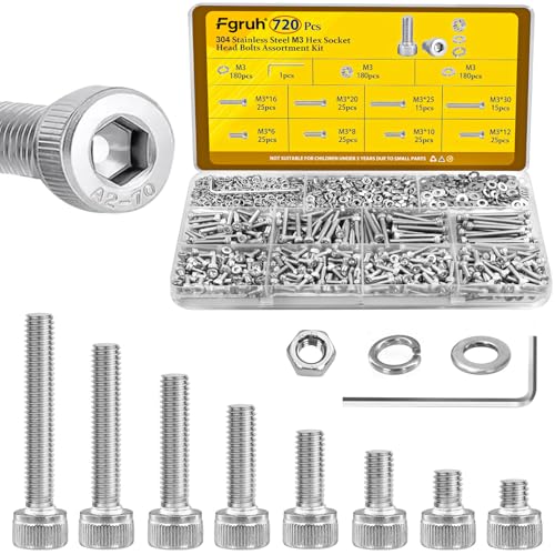 720pcs M3 Screws Assortment kit, Hex Socket Head Cap Bolts, Nuts & Washers Assorted Set M3x6/8/10/12/16/20/25/30 mm, 304 Stainless Steel Hardware Kit for DIY, 3D Printer - size: SS M3 720pcs