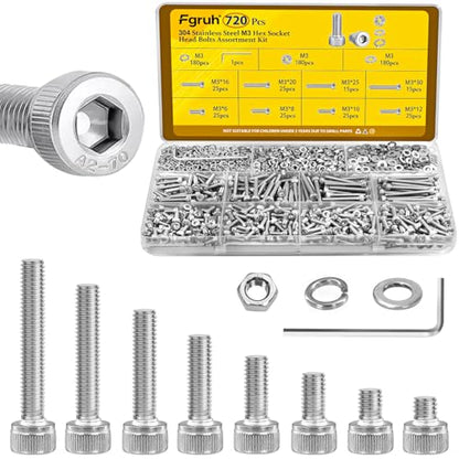720pcs M3 Screws Assortment kit, Hex Socket Head Cap Bolts, Nuts & Washers Assorted Set M3x6/8/10/12/16/20/25/30 mm, 304 Stainless Steel Hardware Kit for DIY, 3D Printer - size: SS M3 720pcs