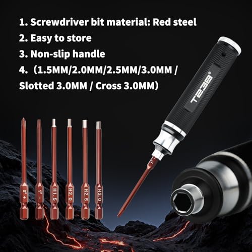 T238-Hex Screw Driver Set, Storage Hexagon Screwdriver Tool Kit for Airsoft Tool Multi-Axis FPV Racing Drone RC Quadcopter Helicopter Car Models（1.5MM/2.0MM/2.5MM/3.0MM / Slotted&Cross 3.0MM）