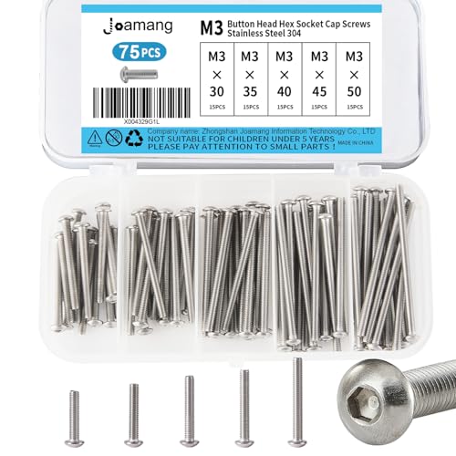 M3 x 30mm 35mm 40mm 45mm 50mm Button Head Socket Cap Screws Bolts, Stainless Steel 304, Metric Allen Hex Drive, Bright Finish, Fully Threaded, Assortment Kit 75PCS - size: Button M3x30-50 mm