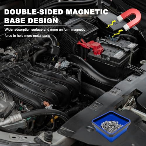 Collapsible Magnetic Parts Tray, 4.5" Square Metal Parts Organizer with Dual-Sided Magnetic Base, Foldable Tools Tray Silicone Storage Bowl for Screws Bolts Nuts Washers Pins (Blue) - color: Blue