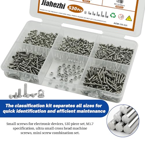 530Pcs M1.7 304 Stainless Steel Metric Micro Screws Nuts Assortment | M1.7x3/4/5/6/8mm Sizes, Phillips Pan Head, Fully Threaded Kit for Arduino, RC Models, Electronics, DIY Projects - size: M1.7x3/4/5/6/8- 530 Pcs