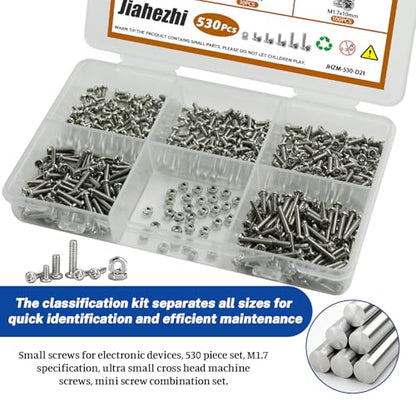 530Pcs M1.7 304 Stainless Steel Metric Micro Screws Nuts Assortment | M1.7x3/4/5/6/8mm Sizes, Phillips Pan Head, Fully Threaded Kit for Arduino, RC Models, Electronics, DIY Projects - size: M1.7x3/4/5/6/8- 530 Pcs