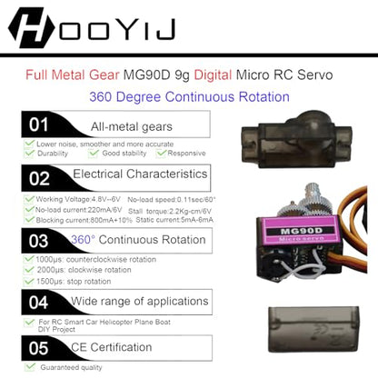 4 Pack MG90D 9g Digital Micro Servo Full Metal Gear 360 Degree Continuous Rotation Mini RC Servos Motor Upgraded SG90 for Arduino RC Smart Car Robot Arm Airplane Boat DIY Project