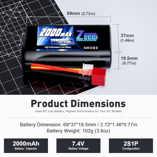 Zeee 2S Li-ion Battery 2000mAh 7.4V T Connector with 7.4V Battery Charger | Compatible with 1/10, 1/12, 1/16 Scale RC Cars 4WD High Speed RC Boat Trucks (2 Pack)