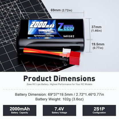 Zeee 2S Li-ion Battery 2000mAh 7.4V T Connector with 7.4V Battery Charger | Compatible with 1/10, 1/12, 1/16 Scale RC Cars 4WD High Speed RC Boat Trucks (2 Pack)